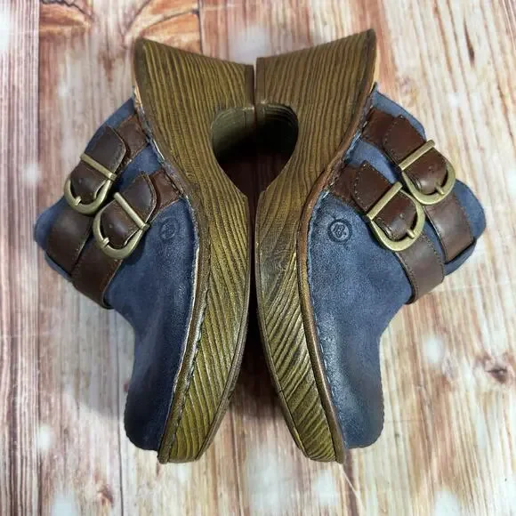 Born Sz 7 Blue Suede Leather Buckle Slide On Chunky Block Heel Clogs Mules Shoes - Picture 7 of 11